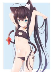 Rule 34 | 1girl, ahoge, animal ear fluff, animal ears, arms up, bare arms, bare shoulders, bell, black bra, black choker, black hair, black panties, blue background, blue eyes, blush, bow, bra, breasts, cat cutout, cat ears, cat girl, cat lingerie, cat tail, choker, cleavage cutout, closed mouth, clothing cutout, commentary request, frilled bra, frills, groin, hair between eyes, jingle bell, long hair, meme attire, navel, neck bell, original, panties, red bow, side-tie panties, small breasts, solo, tail, tail bow, tail ornament, twintails, two-tone background, underwear, underwear only, usagimiko, very long hair, white background