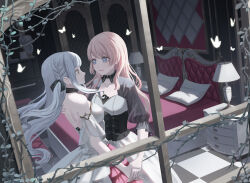 Rule 34 | 2girls, bang dream!, bang dream! it&#039;s mygo!!!!!, bare shoulders, bed, bedroom, black corset, blue eyes, bright pupils, bug, butterfly, chihaya anon, chinese commentary, closed mouth, commentary request, corset, detached collar, dress, eye contact, floating hair, from outside, hand on another&#039;s shoulder, highres, holding hands, insect, instrument, lamp, long hair, looking at another, multiple girls, off-shoulder dress, off shoulder, piano, pillow, pink hair, plant, smile, tile floor, tiles, togawa sakiko, vines, white butterfly, white dress, white pupils, window, xukong, yuri
