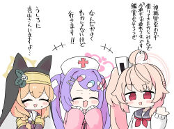 Rule 34 | 3girls, ahoge, bandaid, bandaid hair ornament, blue archive, blush stickers, chibi, closed eyes, coif, commentary, fang, hair ornament, hairclip, halo, hanae (blue archive), hand up, hands up, hat, hat ornament, long hair, long sleeves, mari (blue archive), miranofuudoria, multiple girls, natsu (blue archive), neckerchief, no nose, nurse cap, open mouth, orange hair, pill hair ornament, pink hair, pink halo, purple hair, red eyes, red neckerchief, sailor collar, simple background, skin fang, sleeves past fingers, sleeves past wrists, smile, sweatdrop, twintails, upper body, white background, x hair ornament
