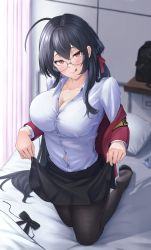 Rule 34 | 1girl, :q, ahoge, armband, azur lane, bag, bed, black bag, black bow, black bowtie, black hair, black pantyhose, black skirt, blurry, blush, bow, bowtie, unworn bowtie, breasts, button gap, cellphone, cleavage, clothes lift, collarbone, collared shirt, crossed bangs, curtains, day, depth of field, desk, dress shirt, full body, glasses, hair ribbon, highres, holding, huge ahoge, indoors, jacket, kneeling, large breasts, licking lips, lifted by self, long hair, long sleeves, looking at viewer, no shoes, off shoulder, official alternate costume, on bed, open clothes, open jacket, pantyhose, phone, pillow, pleated skirt, red eyes, red jacket, red ribbon, ribbon, ropi (yyuichi29), school bag, shirt, shirt tucked in, sidelocks, skirt, skirt lift, smartphone, solo, taihou (azur lane), taihou (sweet time after school) (azur lane), toes, tongue, tongue out, white shirt, yellow armband