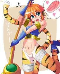 Rule 34 | 1girl, animal ears, bad id, bad pixiv id, belly, breath of fire, breath of fire ii, cat ears, cat tail, facial mark, food, green eyes, meat, navel, orange hair, rinpoo chuan, solo, tail