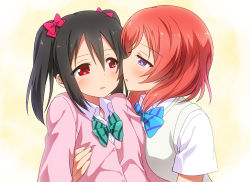 Rule 34 | 2girls, blue eyes, blush, bow, brown hair, closed mouth, commentary request, ears visible through hair, hair between eyes, hair bow, long sleeves, love live!, love live! school idol project, multicolored bow, multiple girls, nishikino maki, open mouth, pink bow, pink shirt, red eyes, red hair, shirt, short hair, short sleeves, striped, umekichi, white shirt, yazawa nico, yellow background, yuri