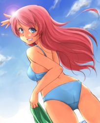 Rule 34 | 1girl, ass, bare shoulders, bikini, blue bikini, blue eyes, from behind, from below, grin, lens flare, long hair, looking at viewer, looking back, megurine luka, pink hair, regdic, smile, solo, swimsuit, vocaloid