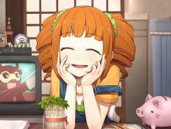 Rule 34 | 1girl, :d, ^ ^, bean sprouts, blush, brown hair, closed eyes, drill hair, closed eyes, frog, hands on own cheeks, hands on own face, head rest, hitoto, idolmaster, idolmaster (classic), open mouth, overalls, piggy bank, plant, ribbon, short hair, smile, solo, strap slip, table, takatsuki yayoi, television, twin drills, twintails