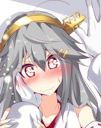 Rule 34 | 10s, 1girl, admiral (kancolle), bare shoulders, blush, hair ornament, hairband, hairclip, hand on another&#039;s face, haruna (kancolle), kantai collection, long hair, natsu (anta tte hitoha), nontraditional miko, pov, red eyes, solo focus, upper body, wavy mouth