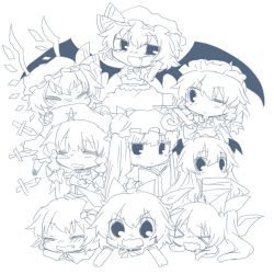 Rule 34 | &gt; &lt;, 6+girls, = =, ascot, bat wings, blush, book, bow, braid, bubble, carrying, cirno, crescent, crossed arms, crystal, cup, daiyousei, demon wings, everyone, closed eyes, fang, flandre scarlet, greyscale, hair bow, hair ribbon, hat, head wings, hong meiling, ice, ice wings, izayoi sakuya, koakuma, long hair, long sleeves, maid, maid headdress, monochrome, multiple girls, open mouth, patchouli knowledge, puffy sleeves, rebecca (keinelove), remilia scarlet, ribbon, rumia, short hair, short sleeves, side ponytail, sleeping, embodiment of scarlet devil, touhou, tray, twin braids, wings, wink
