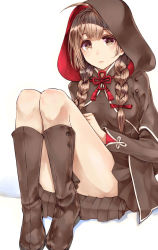 Rule 34 | 1girl, blush, boots, braid, breasts, brown eyes, brown footwear, brown hair, capelet, closed mouth, hair ribbon, hood, hood up, hooded capelet, kantai collection, kurou (bcrow), long hair, long sleeves, medium breasts, pleated skirt, ribbon, shinshuu maru (kancolle), simple background, sitting, skirt, solo, twin braids, white background