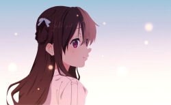 1girl 22/7 blue_background bow braid braided_hair_rings brown_hair close-up closed_mouth dress from_side gradient_background hair_bow hair_rings highres long_hair purple_eyes smile snowing solo tachikawa_ayaka tanpaku_(oqu_2) twin_braids two_side_up white_bow white_dress