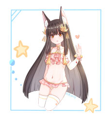 Rule 34 | \||/, alternate costume, animal ear fluff, animal ears, artist name, azur lane, bikini, bikini skirt, blunt bangs, blunt ends, chinese commentary, collarbone, commentary request, cropped legs, dated, fox ears, fox girl, frilled bikini, frills, groin, hair ornament, heart, highres, jewelry, long hair, looking at viewer, nagato (azur lane), navel, necklace, open mouth, red bikini, sidelocks, star (symbol), swimsuit, tassel, thighhighs, very long hair, waving, white background, white thighhighs, x hair ornament, yellow eyes, zhuanquan
