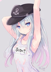 Rule 34 | 1girl, absurdres, alternate color school swimsuit, anchor symbol, armpits, arms up, artist name, black hat, blue eyes, blue hair, breasts, closed mouth, commentary request, gradient hair, grey background, hair between eyes, hat, hibiki (kancolle), highres, hizaka, kantai collection, looking at viewer, multicolored hair, name tag, one-hour drawing challenge, one-piece swimsuit, peaked cap, pink hair, school swimsuit, simple background, small breasts, solo, swimsuit, twitter username, upper body, white one-piece swimsuit