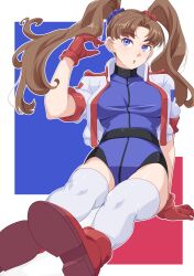 Rule 34 | 1girl, 34 (sanjushi), arm up, athletic leotard, blue eyes, blue leotard, boots, breasts, brown hair, gloves, highres, jacket, legs, leotard, long hair, numan athletics, red footwear, red gloves, sharon les halles, short sleeves, sitting, solo, thighhighs, thighs, twintails, white jacket, white thighhighs