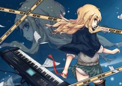 Rule 34 | 1girl, ass, bad id, bad pixiv id, black thighhighs, blazer, blonde hair, blue jacket, cable, caution tape, eyebrows, from behind, glaring, green skirt, instrument, jacket, k-on!, keep out, keyboard (instrument), kotobuki tsumugi, long hair, milky way, night, night sky, panties, pantyshot, ribbon, school uniform, sheet music, shirt, skirt, sky, sleeves rolled up, solo, standing, star (sky), starry sky, sweater, thick eyebrows, thighhighs, underwear, white panties, white shirt, wind, wind lift, yasuna (nanjiang), zoom layer
