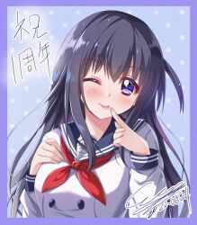 Rule 34 | 1girl, :p, black hair, blue border, blue sailor collar, blush, border, breasts, buttons, closed mouth, dated, double-breasted, finger to mouth, hand on own chest, hand up, head tilt, highres, hizukiayane, idoly pride, index finger raised, long bangs, long hair, long sleeves, medium breasts, nagase mana, neckerchief, one eye closed, one side up, portrait, raised eyebrows, red neckerchief, sailor collar, school uniform, serafuku, shirt, sidelocks, signature, sleeve cuffs, smile, solo, straight hair, tongue, tongue out, white shirt