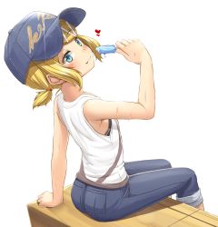Rule 34 | 1girl, alternate costume, armpit peek, baseball cap, bench, blonde hair, blue eyes, blue hat, blue pants, blush, breasts, closed mouth, commentary request, eating, fang, fang out, feet out of frame, food, hair ornament, hairclip, hat, heart, highres, kagamine rin, kitsunerider, looking at viewer, looking back, pants, pants rolled up, popsicle, short hair, short ponytail, sideboob, sidelocks, simple background, sitting, small breasts, smile, solo, sweat, swept bangs, tank top, textless version, tomboy, vocaloid, white background, white tank top