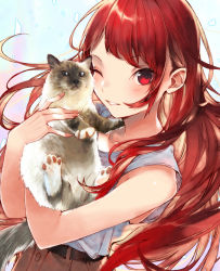 Rule 34 | 1girl, animal, bare arms, bare shoulders, belt, black belt, brown pants, cat, collarbone, commentary request, grey vest, highres, holding, holding animal, kuwashima rein, light particles, long hair, looking at viewer, one eye closed, original, pants, parted lips, red eyes, red hair, shirt tucked in, sidelocks, smile, swept bangs, upper body, vest