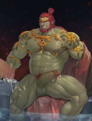 Rule 34 | 1boy, abs, absurdres, armband, bara, beard, biceps, chest harness, colored skin, cum, facial hair, feet out of frame, ganondorf, gem, glensaru, green skin, harness, highres, huge penis, large pectorals, long hair, male focus, manly, mature male, muscular, muscular male, nintendo, nipple piercing, nipple rings, nipples, pectorals, penis, penis piercing, piercing, pool, pubic hair, red hair, sitting, smile, testicles, the legend of zelda, the legend of zelda: tears of the kingdom, thick arms, thick eyebrows, thick thighs, thighs, towel, veins, water, yellow eyes