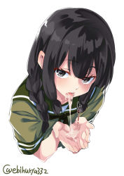 Rule 34 | 1girl, black eyes, black hair, black neckerchief, blouse, blush, braid, braided ponytail, colored eyelashes, cropped torso, cum, cum in mouth, cum on hands, cumdrip, cupping hands, ebifurya, eyelashes, eyes visible through hair, green sailor collar, green serafuku, green shirt, hair between eyes, hair over shoulder, half-closed eyes, hands up, highres, kantai collection, kitakami (kancolle), long hair, looking at viewer, lower teeth only, mismatched eyelashes, naughty face, neckerchief, open mouth, own hands together, raised eyebrows, sailor collar, school uniform, serafuku, sexually suggestive, shirt, short sleeves, sidelocks, simple background, single braid, sleeve cuffs, solo, suggestive fluid, teeth, tongue, tongue out, twitter username, upper body, white background