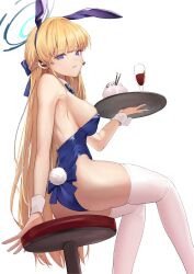 Rule 34 | 1girl, absurdres, animal ears, ass, bangko, bare shoulders, blonde hair, blue archive, blue bow, blue eyes, blue hairband, blue leotard, bow, bowl, bowtie, braid, breasts, cup, detached collar, drinking glass, fake animal ears, hairband, halo, highleg, highleg leotard, highres, holding, holding tray, leotard, long hair, looking at viewer, looking back, medium breasts, official alternate costume, official alternate hairstyle, parted lips, playboy bunny, rabbit ears, rabbit tail, sideboob, sitting, solo, tail, thighhighs, thighs, toki (blue archive), toki (bunny) (blue archive), tray, very long hair, white thighhighs, wrist cuffs