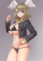 Rule 34 | 1girl, angoha, bikini, bikini under clothes, black bikini, black jacket, blue eyes, breasts, brown hair, cleavage, clenched hand, collarbone, commentary request, cowboy shot, eunie (xenoblade), feathered wings, grey background, grin, groin, hand up, head wings, highres, hood, hood down, hooded jacket, jacket, large breasts, long sleeves, looking at viewer, navel, open clothes, open jacket, parted bangs, simple background, skindentation, smile, solo, standing, swimsuit, v-shaped eyebrows, white wings, wings, xenoblade chronicles (series), xenoblade chronicles 3