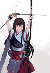 Rule 34 | 1girl, absurdres, akagi (kancolle), akagi kai ni (kancolle), archery, arrow (projectile), bow (weapon), brown eyes, brown gloves, brown hair, closed mouth, commentary request, drawing bow, duoyuanjun, flight deck, gloves, hair between eyes, hakama, hakama short skirt, hakama skirt, highres, holding, holding bow (weapon), holding weapon, japanese clothes, kantai collection, katana, kyuudou, long hair, muneate, partially fingerless gloves, partly fingerless gloves, red skirt, sheath, sheathed, single glove, skirt, solo, sword, weapon, white background, yugake