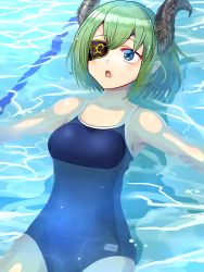 Rule 34 | 1girl, nanashi inc., afloat, bare shoulders, blue eyes, blue one-piece swimsuit, blush, breasts, commentary request, competition school swimsuit, curled horns, demon horns, eyepatch, green hair, hair between eyes, highres, honey strap, horns, lying, medium breasts, okiru, on back, one-piece swimsuit, open mouth, school swimsuit, sekishiro mico, solo, swimsuit, virtual youtuber, water