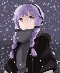 Rule 34 | 1girl, ahoge, alternate costume, alternate hairstyle, black coat, braid, closed mouth, coat, commentary request, earmuffs, expressionless, grey scarf, hair ornament, hair scrunchie, looking at viewer, purple background, purple eyes, purple hair, scarf, scrunchie, short hair with long locks, snowing, solo, toromera, twin braids, upper body, vocaloid, voiceroid, yuzuki yukari