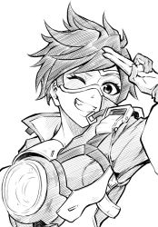 Rule 34 | 1girl, gloves, goggles, grin, jacket, lineart, looking at viewer, monochrome, one eye closed, overwatch, overwatch 1, salute, short hair, smile, solo, ten (tenchan man), tracer (overwatch), two-finger salute, very short hair