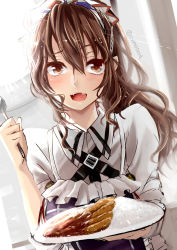 Rule 34 | 10s, 1girl, alternate costume, alternate hairstyle, aonegi, apron, ashigara (kancolle), blush, brown eyes, brown hair, curry, fangs, food, gradient background, hair ribbon, highres, kantai collection, long hair, open mouth, plate, ribbon, rice, smile, solo, spoon, striped, striped background, tonkatsu, twitter username, upper body