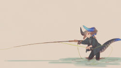 Rule 34 | 1girl, animal ears, asymmetrical horns, blue horns, blue jacket, blue pants, blue tail, curled horns, dragon girl, dragon horns, dragon tail, fishing, fishing line, fishing rod, from side, grey hair, grey horns, grey shirt, grey tail, highres, holding, holding fishing rod, horns, jacket, kmbk, looking ahead, mismatched horns, multicolored tail, original, outstretched arm, pants, red eyes, scales, shirt, short hair, simple background, sleeves rolled up, solo, tail, wading, water