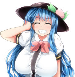 Rule 34 | 1girl, bad id, bad pixiv id, breasts, closed eyes, facing viewer, grin, hand on own head, happy, hinanawi tenshi, huge breasts, hydrant (kasozama), simple background, smile, solo, touhou, upper body, white background