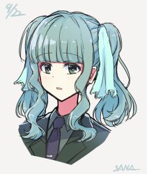 Rule 34 | 1girl, alternate costume, aqua ribbon, black jacket, blunt bangs, blush, character name, collared shirt, cropped shoulders, dated, dot nose, formal, futaba sana, green eyes, grey shirt, hair ribbon, jacket, lapels, long hair, magia record: mahou shoujo madoka magica gaiden, mahou shoujo madoka magica, medium hair, necktie, north, notched lapels, parted lips, portrait, purple necktie, ribbon, shirt, sidelocks, simple background, solo, suit, suit jacket, twintails, wavy hair, white background
