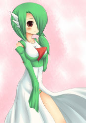 Rule 34 | 1girl, aokichi, bare shoulders, blush, breasts, collarbone, creatures (company), detached sleeves, dress, female focus, game freak, gardevoir, gen 3 pokemon, green hair, green panties, hair over one eye, hand up, highres, looking at viewer, medium breasts, nintendo, open mouth, panties, personification, pink background, pokemon, pokemon rse, red eyes, shiny skin, short hair, simple background, sleeveless, sleeveless dress, sleeves past wrists, solo, standing, striped clothes, striped panties, underwear, white dress