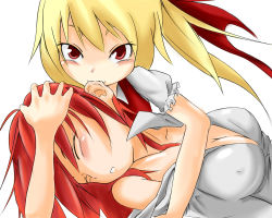 Rule 34 | 2girls, bacho, biting, blonde hair, blush, breasts, cleavage, covered erect nipples, ear biting, eargasm, closed eyes, female focus, flandre scarlet, hong meiling, medium breasts, multiple girls, red eyes, red hair, embodiment of scarlet devil, touhou, uncommon stimulation, wings, yuri