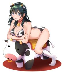 Rule 34 | 1girl, absurdres, animal print, ass, bell, bikini, blue eyes, breasts, byleth (female) (fire emblem), byleth (fire emblem), chinese zodiac, chizoku sawa, cleavage, cow horns, cow print, fake horns, fire emblem, fire emblem: three houses, green hair, hair strand, highres, horns, large breasts, long hair, looking at viewer, messy hair, nintendo, socks, solo, swimsuit, white socks, year of the ox