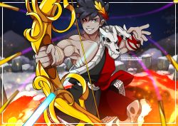 Rule 34 | 1boy, absurdres, ancient greek clothes, artist name, black hair, black sclera, bow (weapon), colored sclera, fire, greco-roman clothes, green eyes, grin, hades (series), hades 1, heterochromia, highres, keith montalbo, laurel crown, male focus, mismatched sclera, muscular, muscular male, red eyes, single bare shoulder, skull, smile, snow, weapon, zagreus (hades)