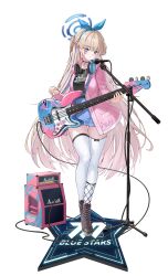 Rule 34 | 1girl, absurdres, amplifier, black choker, black footwear, black shirt, blonde hair, blue archive, blue eyes, blue hair, blue halo, blue skirt, blush, boots, braid, breasts, choker, closed mouth, electric guitar, fender stratocaster, guitar, halo, headphones, highres, holding, holding instrument, instrument, long hair, microphone, microphone stand, multicolored hair, shirt, skirt, small breasts, smile, solo, ssong2, streaked hair, thighhighs, toki (blue archive), transparent background, white thighhighs