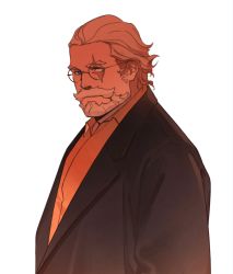 Rule 34 | 1boy, alternate costume, beard, blue eyes, casual, collared shirt, facial hair, looking at viewer, lovesheng1314, male focus, medium hair, mustache, no pupils, overwatch, overwatch 1, reinhardt (overwatch), scar, scar across eye, scar on face, shirt, smile, solo, upper body, white background
