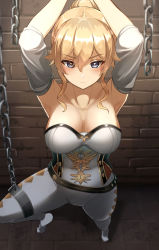 Rule 34 | 1girl, arms up, blonde hair, blue eyes, breasts, brick wall, chain, chained, chained wrists, closed mouth, detached sleeves, dungeon, female focus, genshin impact, hair between eyes, highres, jean (genshin impact), large breasts, long hair, looking at viewer, pants, ponytail, restrained, solo, standing, tosaka (tosaka0001), white pants