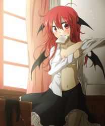 Rule 34 | 1girl, bat wings, black pantyhose, blush, bread, bread slice, breasts, cabinet, collarbone, curtains, dress shirt, dressing, female focus, flying sweatdrops, food, food in mouth, frills, head wings, highres, koakuma, long hair, long sleeves, messy hair, mouth hold, navel, no bra, nobamo pieruda, outstretched arm, pantyhose, red eyes, red hair, shirt, skirt, solo, sweatdrop, toast, toast in mouth, touhou, unworn pantyhose, white shirt, window, wings