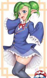 Rule 34 | 1girl, blue eyes, blush, border, buttons, commentary request, double bun, feet out of frame, green hair, grey thighhighs, hair between eyes, hair bun, heart, highres, lidelle (puyopuyo), long hair, long sleeves, looking at viewer, open mouth, orizen, pleated skirt, pointy ears, puyopuyo, sega, sidelocks, skirt, sleeves past wrists, smile, thighhighs, white background, wing collar, yellow border, zettai ryouiki
