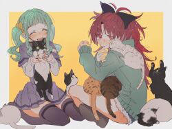 Rule 34 | 2girls, aqua hair, aqua hoodie, archived source, bad id, bad twitter id, black bow, blue shorts, blunt bangs, blush, boots, border, bow, brown footwear, cat, closed eyes, closed mouth, commission, fur-trimmed shorts, fur trim, futaba sana, green eyes, hair bow, hair ornament, hair scrunchie, image sample, indian style, jewelry, layered sleeves, long sleeves, looking at viewer, magia record: mahou shoujo madoka magica gaiden, mahou shoujo madoka magica, medium hair, miniskirt, mizuna girls&#039; academy school uniform, multiple girls, open mouth, outside border, parted bangs, pleated skirt, ponytail, purple shirt, purple skirt, purple thighhighs, red eyes, red hair, ring, sakura kyoko, school uniform, scrunchie, shirt, short over long sleeves, short sleeves, shorts, sidelocks, sitting, skeb commission, skirt, sweat, textless version, thighhighs, twintails, twitter sample, twitter username, wavy hair, white border, white sleeves, yellow scrunchie, yutyantogarashi