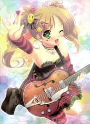 Rule 34 | 1girl, absurdres, arm warmers, badge, blonde hair, boots, button badge, cross, cross necklace, green eyes, guitar, hair ornament, hairclip, heart, highres, instrument, jewelry, mitsumomo mamu, nail art, nail polish, necklace, one eye closed, open mouth, single thighhigh, smiley face, solo, striped, thighhighs, twintails, wink