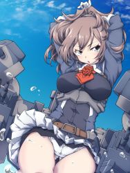 Rule 34 | 547th sy, arms up, ascot, blue eyes, blue sky, brown hair, cloud, cowboy shot, flower, gloves, highres, kantai collection, long hair, machinery, messy hair, military, military uniform, panties, pleated skirt, red ascot, red flower, red rose, rose, sheffield (kancolle), skirt, sky, solo, underwear, uniform, white gloves, white panties, white skirt