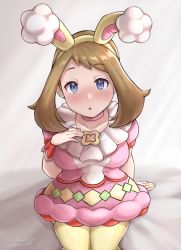 Rule 34 | 1girl, animal ears, artsheops, bed sheet, blue eyes, blush, breasts, brown hair, creatures (company), dress, fake animal ears, game freak, heart, heart-shaped pupils, highres, looking at viewer, may (pokemon), may (spring 2021) (pokemon), medium breasts, nintendo, open mouth, pink dress, pokemon, pokemon masters ex, rabbit ears, short sleeves, sidelocks, sitting, solo, symbol-shaped pupils, thighhighs, white background, yellow thighhighs