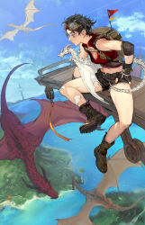 Rule 34 | 1girl, arm support, backpack, bad id, bad twitter id, bag, bandaid, bandaid on knee, bandaid on leg, bare shoulders, bird, black eyes, black gloves, black hair, blue eyes, blue sky, breasts, brown bag, brown footwear, brown shorts, cleavage, closed mouth, cloud, compass, dragon, eyelashes, fantasy, fingerless gloves, fingernails, flag, flying, gloves, goggles, goggles around neck, hand on own thigh, highres, lantern, morry, mountain, navel, no pupils, ocean, orange eyes, original, painterly, pink lips, short hair, shorts, signature, sitting, sky, unzipped