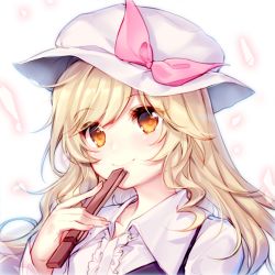 Rule 34 | 1girl, asymmetrical bangs, bad id, bad pixiv id, blonde hair, blush, bow, center frills, closed mouth, collarbone, collared shirt, commentary request, curly hair, eyelashes, eyes visible through hair, fan to mouth, folding fan, frills, hand fan, hat, hat bow, holding, holding fan, light blush, lips, long hair, long sleeves, lowres, orange eyes, parted bangs, pf, pink bow, purple vest, shirt, simple background, single strap, smile, solo, swept bangs, touhou, upper body, vest, watatsuki no toyohime, white background, white hat, white shirt