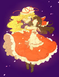 Rule 34 | 2girls, blonde hair, boots, bow, carrying, cherry blossoms, closed eyes, detached sleeves, dress, female focus, frilled dress, frills, hair bow, hair tubes, hakurei reimu, hat, hat bow, holding, japanese clothes, long hair, meeko, miko, multiple girls, petals, purple background, purple dress, red dress, simple background, touhou, unconscious, very long hair, yakumo yukari