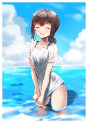 Rule 34 | 1girl, blue sky, blush, border, brown hair, closed eyes, cloud, collarbone, day, facing viewer, fubuki (kancolle), haru (renol), highres, horizon, kantai collection, long hair, ocean, open mouth, outdoors, round teeth, shirt, shirt tug, short ponytail, short sleeves, sidelocks, sky, solo, standing, swimsuit, swimsuit under clothes, t-shirt, teeth, upper teeth only, wading, water, wet, wet clothes, wet shirt, white border, white shirt