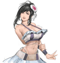Rule 34 | 1girl, bikini, black hair, breasts, brown eyes, cleavage, final fantasy, final fantasy vii, final fantasy vii rebirth, final fantasy vii remake, flower, frilled bikini, frills, hair flower, hair ornament, highres, large breasts, looking at viewer, narrow waist, navel, official alternate costume, official alternate hairstyle, open mouth, simple background, smile, solo, swimsuit, thong bikini, tifa lockhart, tifa lockhart (shining spirit), white background, zoewingsz