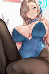 Rule 34 | 1girl, absurdres, asuna (blue archive), asuna (bunny) (blue archive), bare shoulders, black pantyhose, blonde hair, blue archive, blue bow, blue bowtie, blue eyes, blue leotard, blue ribbon, blush, bow, bowtie, breasts, detached collar, elbow gloves, gloves, grey background, grin, hair ornament, hair ribbon, highres, large breasts, leotard, mole, mole on breast, nishin (nsn 0822), pantyhose, parted lips, playboy bunny, ribbon, sideboob, simple background, smile, solo, thighs, white gloves